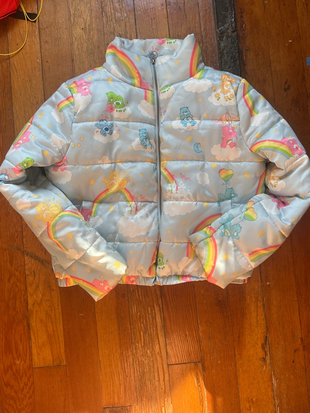 MAD Engine Light Blue Rainbow Puffer Jacket with Colorful Care Bears Characters